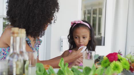 Video-of-african-american-mother-and-daughter-cooking-having-dinner-outside