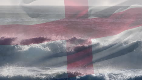 animation of flag of england waving over cloudy sky and waves in sea