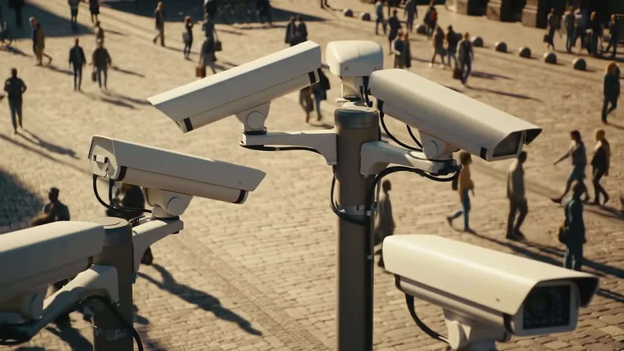 Aerial View of Surveillance Cameras Overlooking Busy Public Square, Monitoring Foot Traffic and Urban Activity in a Modern City Environment