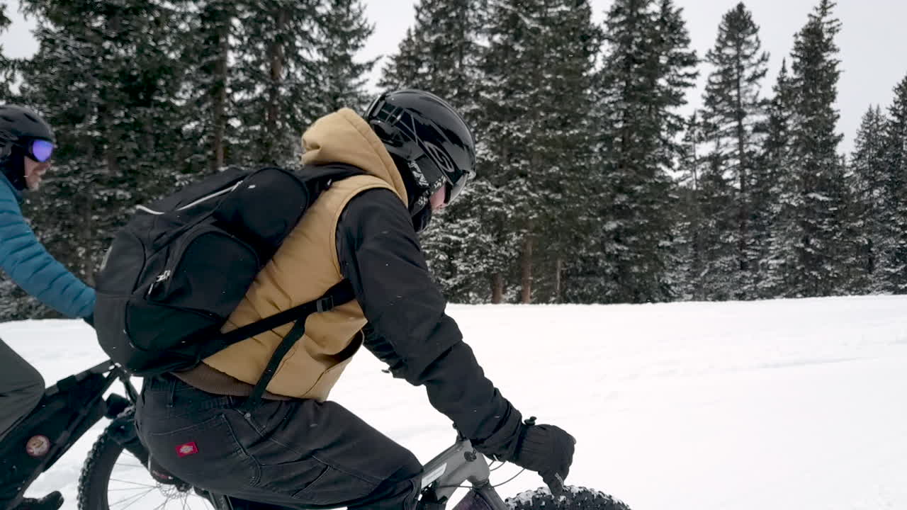 close up of a fat tire bike on the snow in the mountains