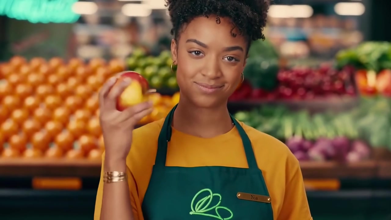 Employé de supermarché amical tenant une pomme fraîche