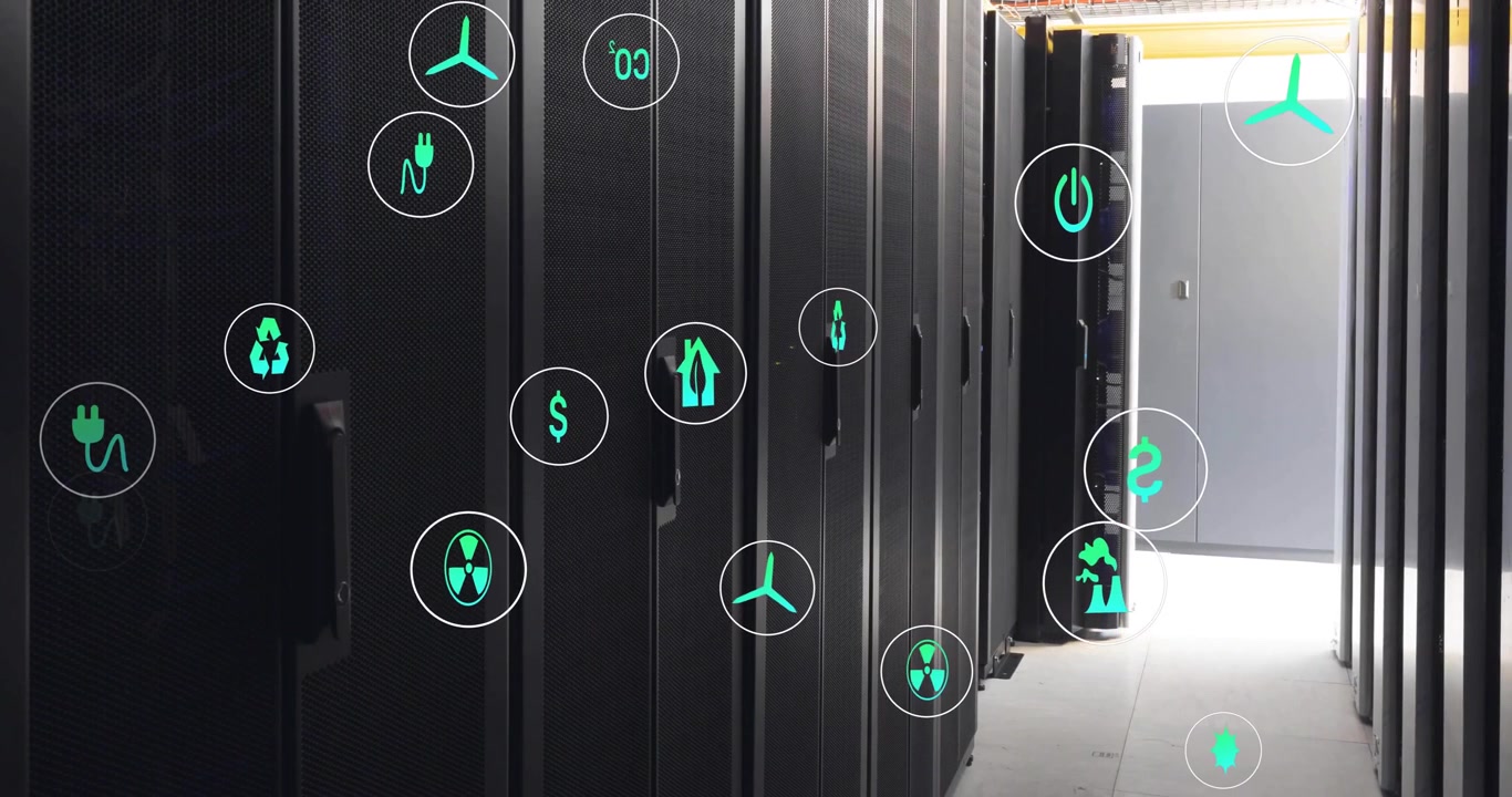 Animation of eco icons and data processing over computer servers