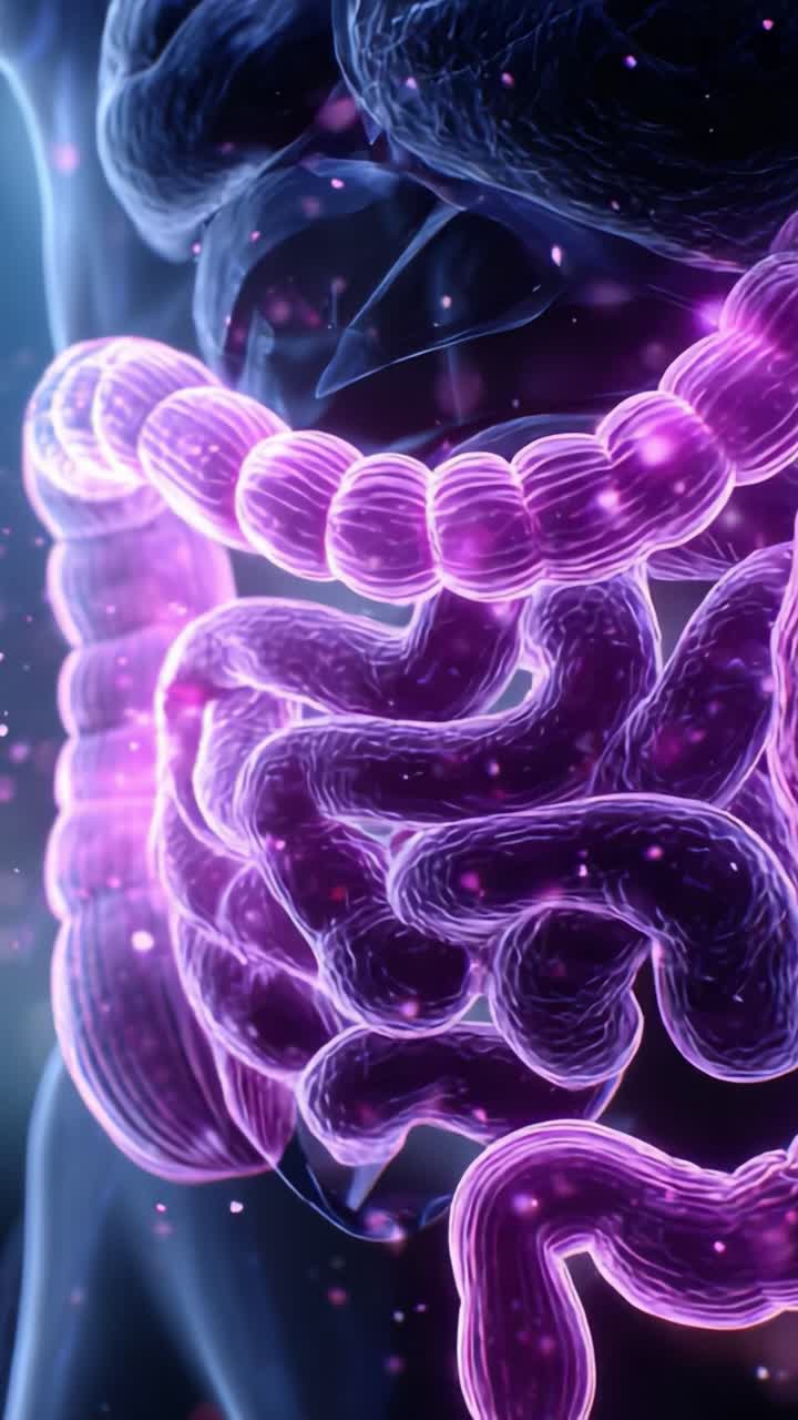 Primo piano dell'intestino umano, che mette in evidenza la struttura complessa e la funzionalità biologica dell'apparato digerente in un bagliore radioso