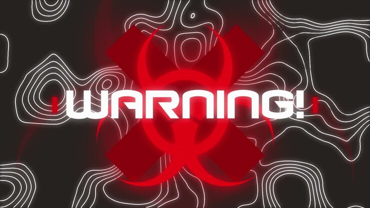 Animation of warning text over white lines ad warning sing on black background