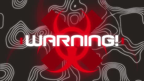 animation of warning text over white lines ad warning sing on black background