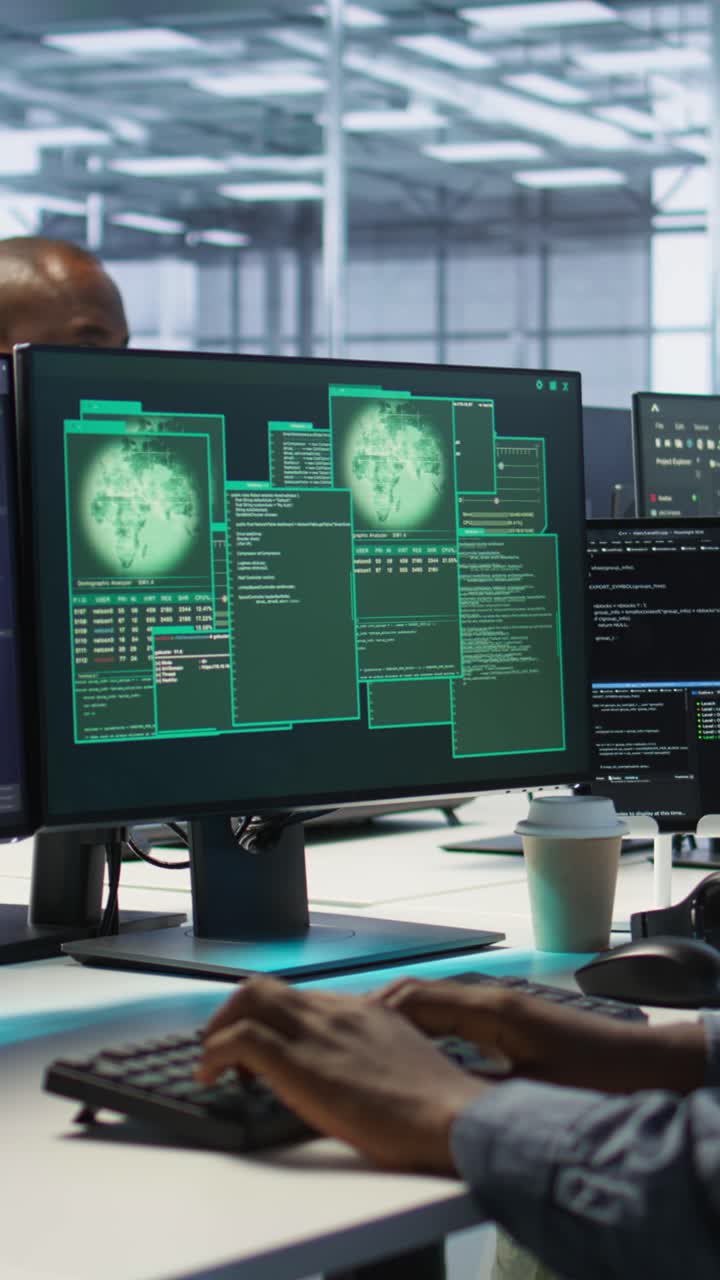 Vertical video Data center colleagues seeing system hacked notification