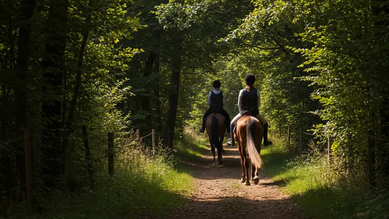 Two people riding horses on a trail through a lush green forest