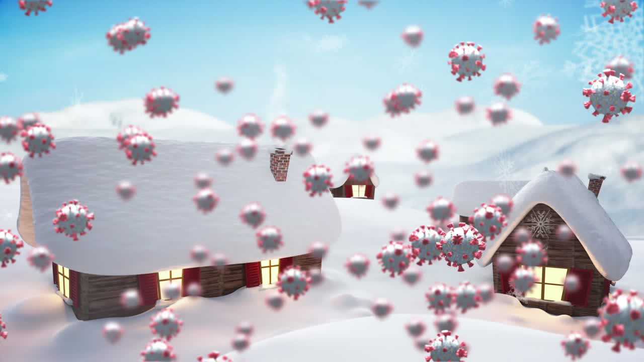 눈이  ⁇ 인 집과 눈이 내리는 겨울 풍경에서 움직이는 코로나 19 세포의 애니메이션