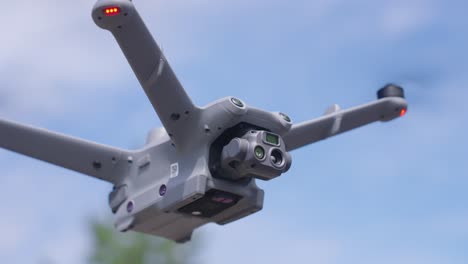 low angle view of advanced unmanned drone hover in air, czech republic