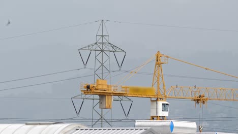 yellow construction crane with electricity pylon in background and birds flying past