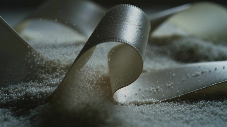 Curling metallic ribbon with perforated edge lifting on studio table, granules cascading, motes