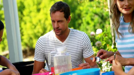 comiendo en familia en el jardín de la casa
