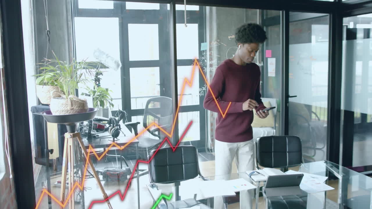 Animation of data processing over african american businessman in office