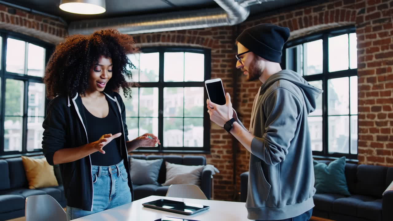 Two people discussing in a modern office