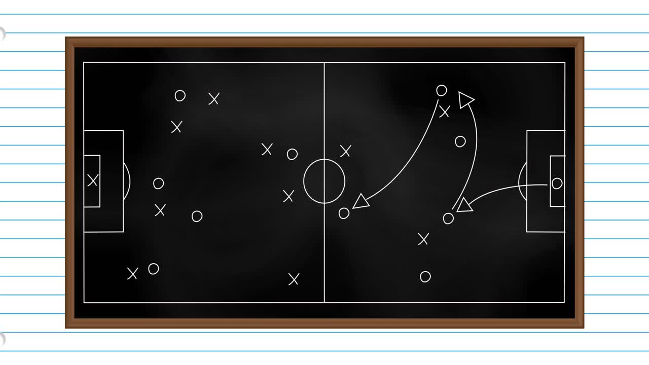 Animation of football game strategy drawn on black chalkboard against white lined paper background