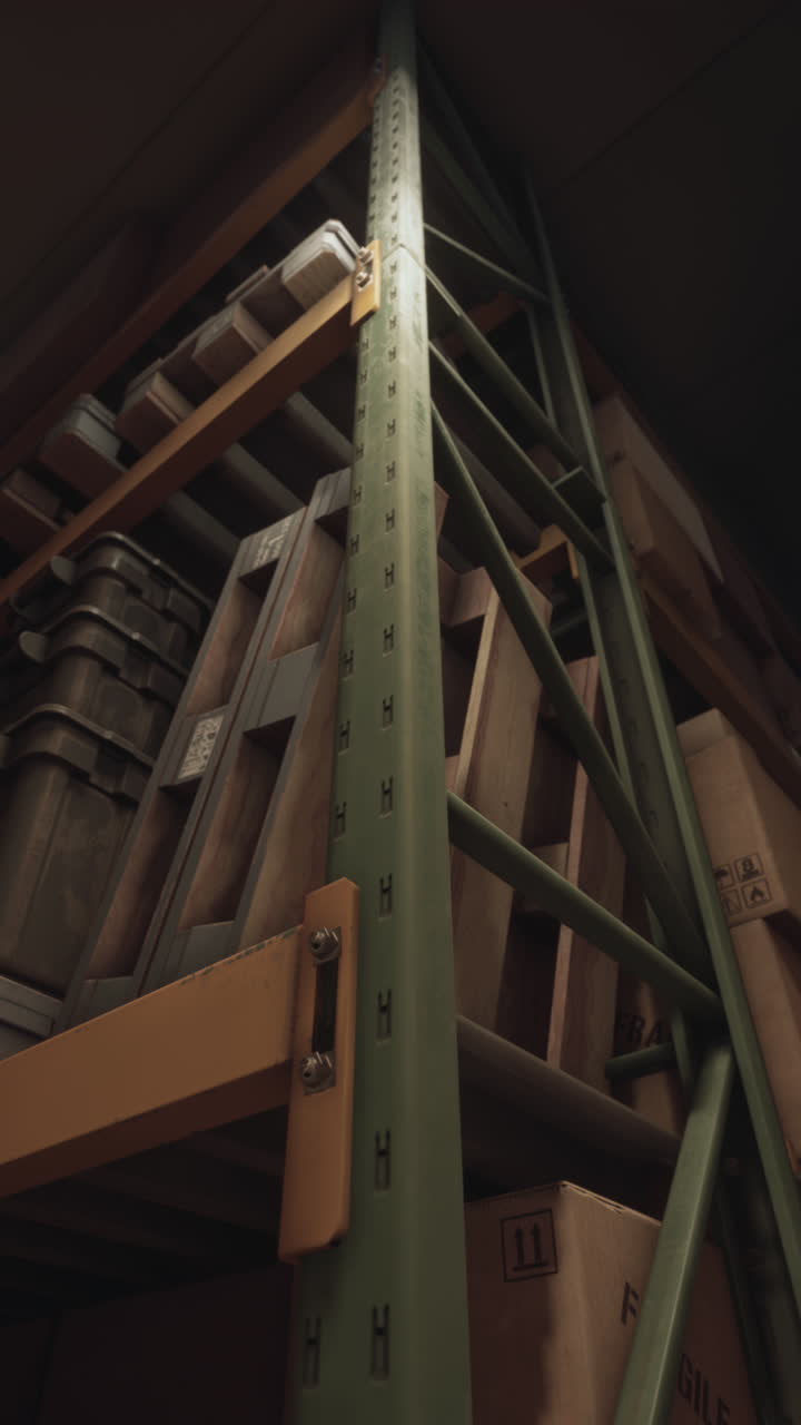 창고 에 있는 초록색 금속 선반 단위 의 클로즈업 뷰