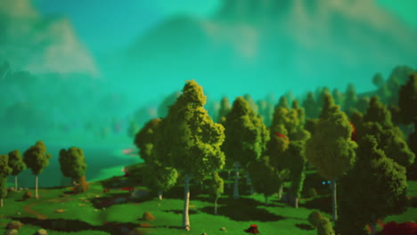 paisaje de bosque verde de dibujos animados con árboles y lago