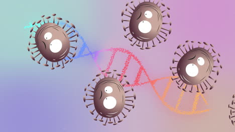 얼굴이 움직이고 dna 가닥이 회전하는 코로나19 세포의 애니메이션