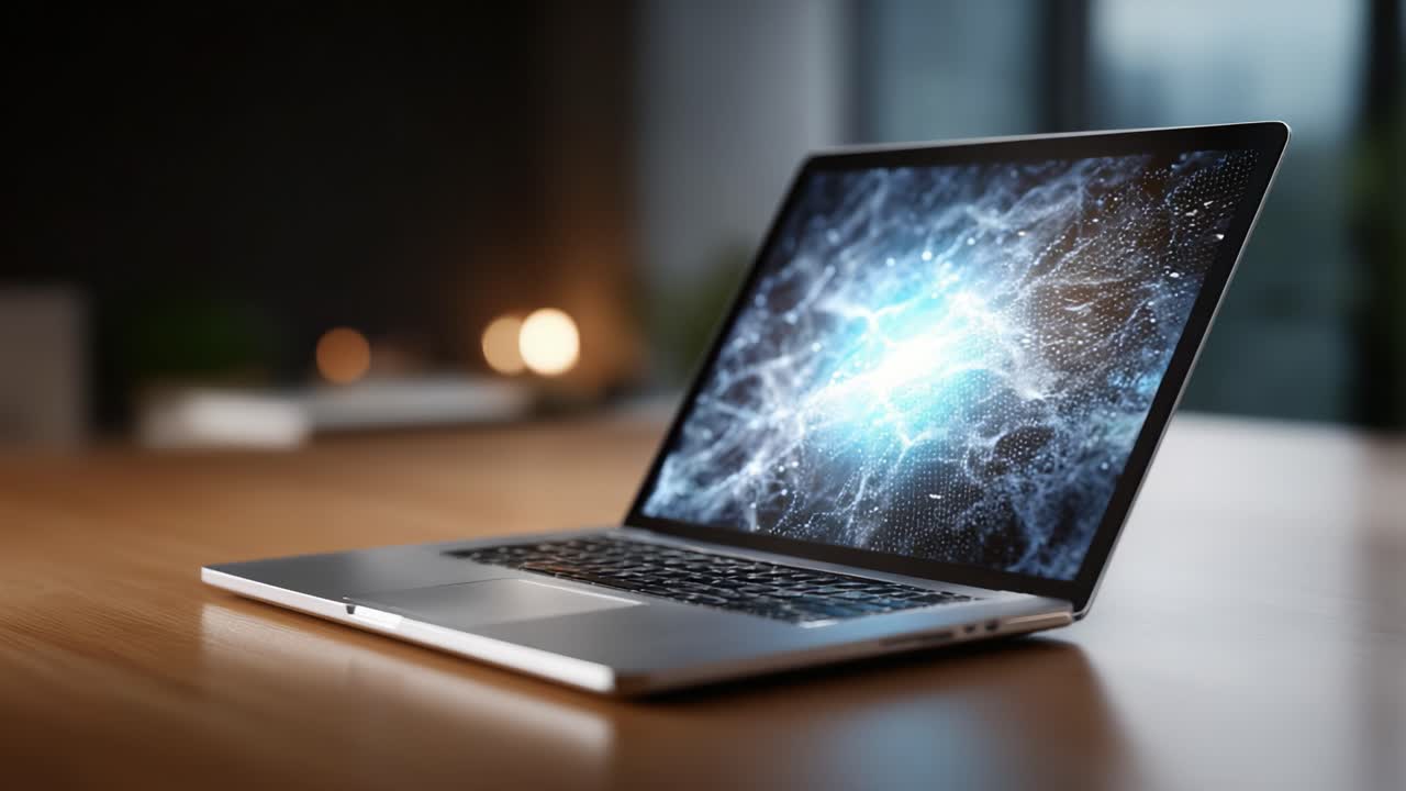 A Dynamic Visual Experience: A High-Quality Laptop Displaying Stunning Abstract Patterns in an Elegant Workspace Setting, Capturing the Essence of Modern Technology