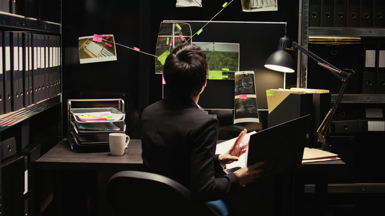 Detective Working in Office Surrounded by Evidence
