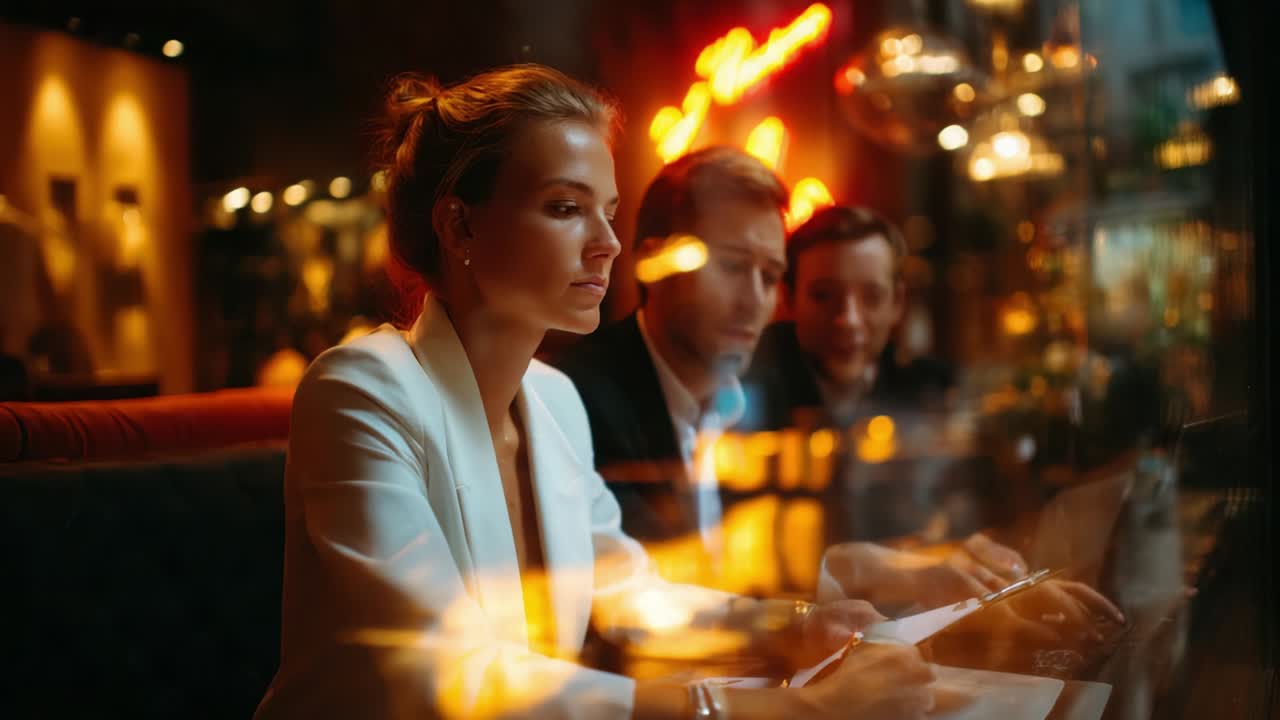 Focused professionals engaged in a brainstorming session, illuminated by ambient light and reflections, highlighting collaboration and creativity in a modern caf? setting