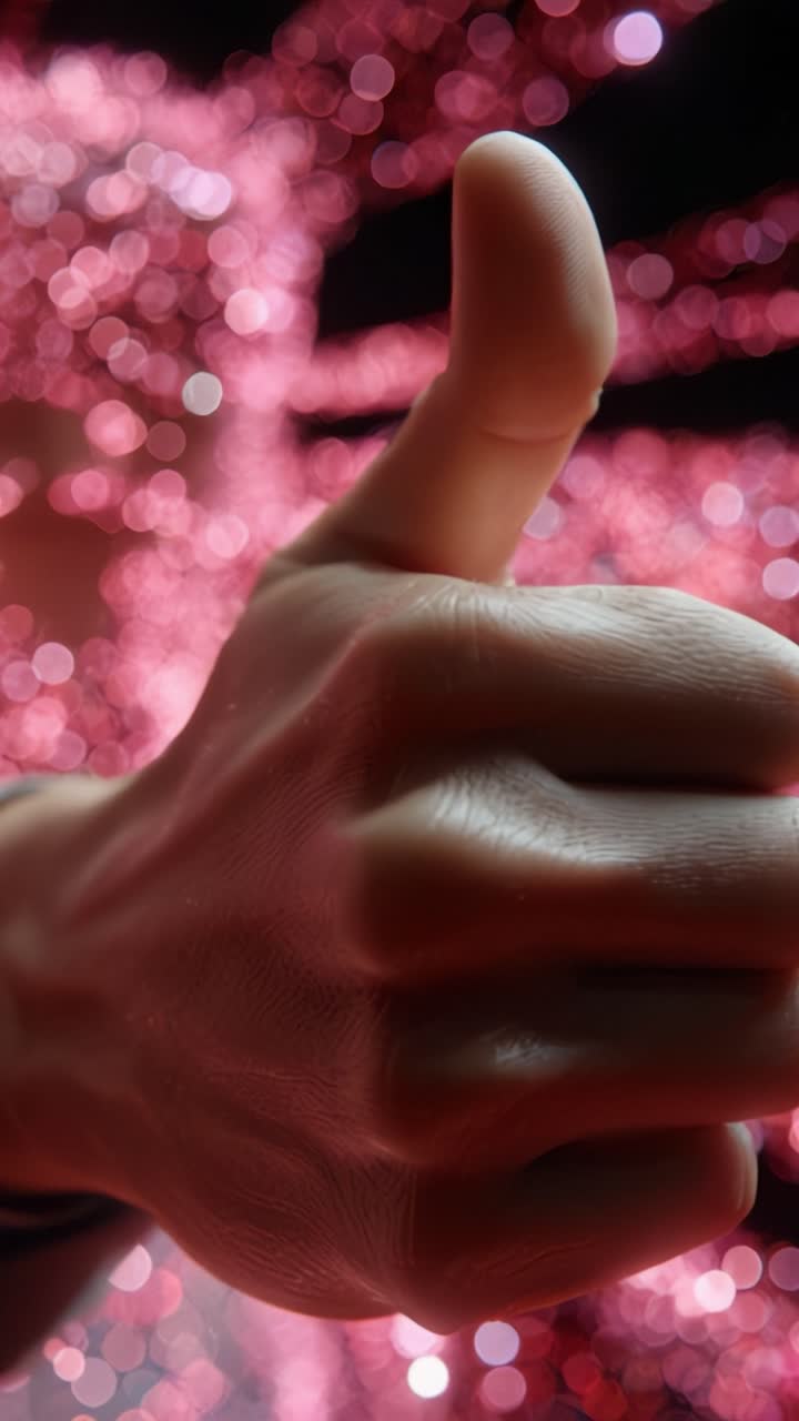 A Close-Up of a Hand Giving a Thumbs Up Sign Against a Blurry Pink Background with Sparkling Bokeh Lights, Signifying Positivity and Approval in a Creative Visual