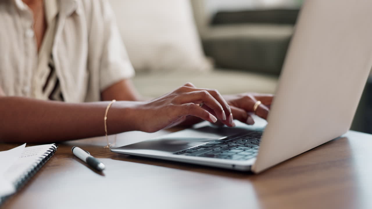 Student hands, typing and laptop for home