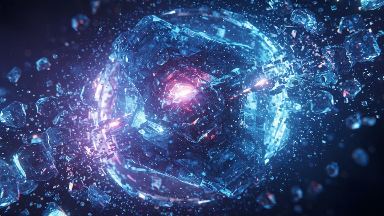 Intricate Cosmic Fragmentation: A Stunning Digital Visualization of Crystalline Structures and Energetic Pulses in a Vividly Imagined Space Environment