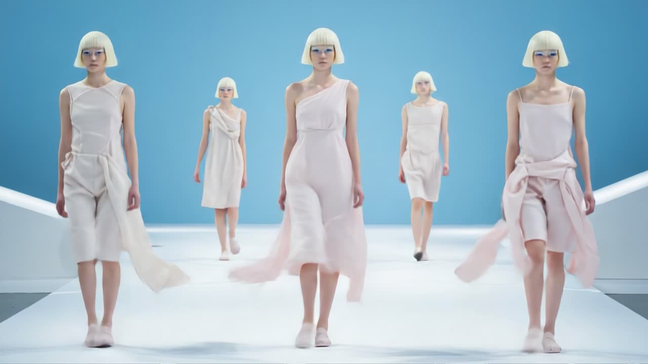 A Stunning Fashion Showcase Featuring Models in Elegant Light Pink Dresses on a Modern Runway, Highlighting Contemporary Design and Unique Aesthetics