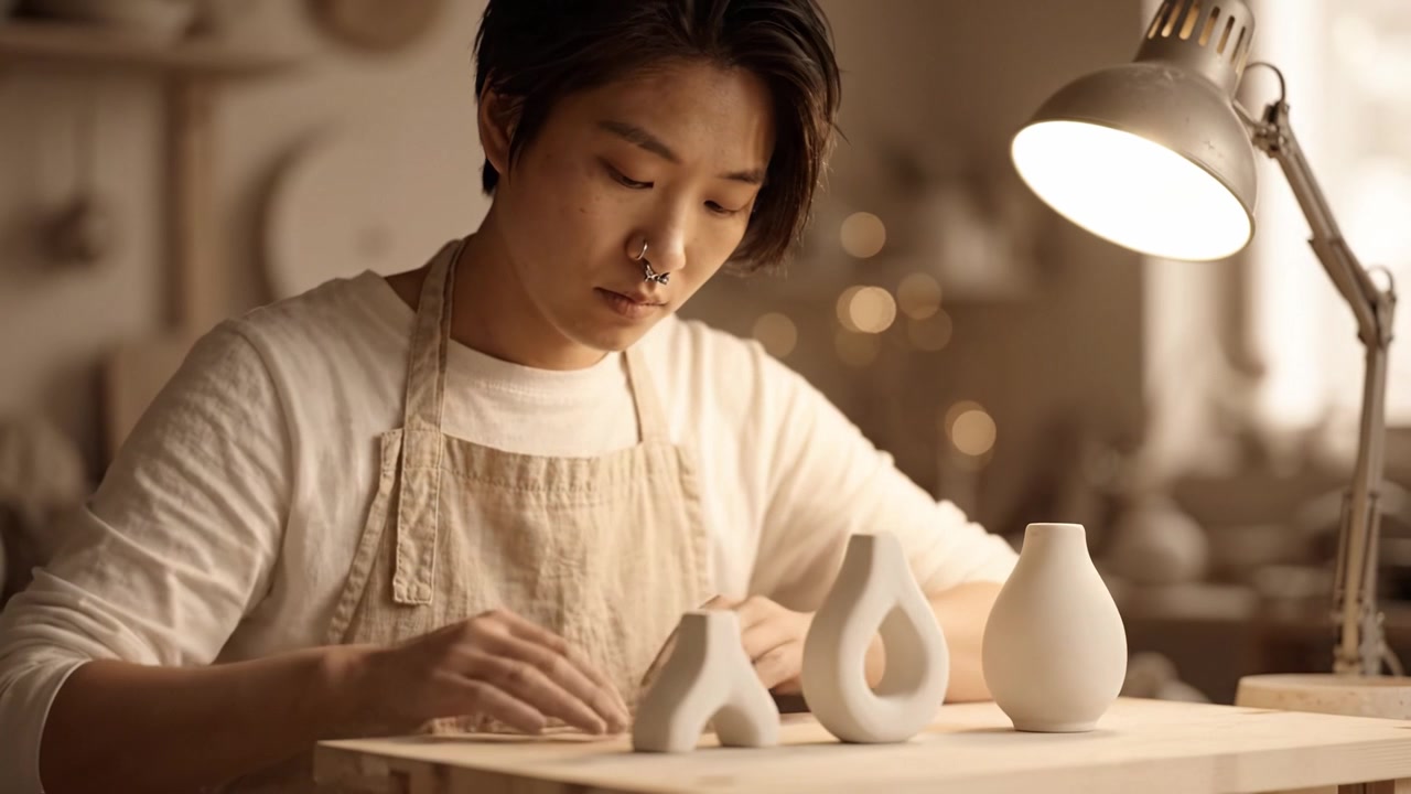 職人が美しい陶器を制作：陶芸の技と精密さを追求する穏やかな工房