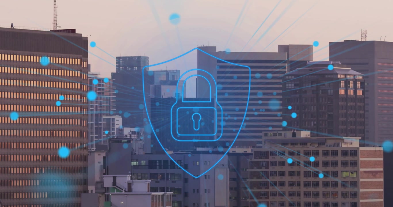 Animazione di icone tecnologiche con connessioni e un lucchetto digitale, che fluttuano sopra un paesaggio urbano.