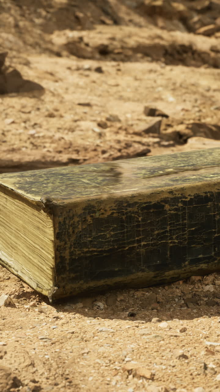 Antico libro appoggiato su un terreno sabbioso sotto la luce naturale del sole nel deserto