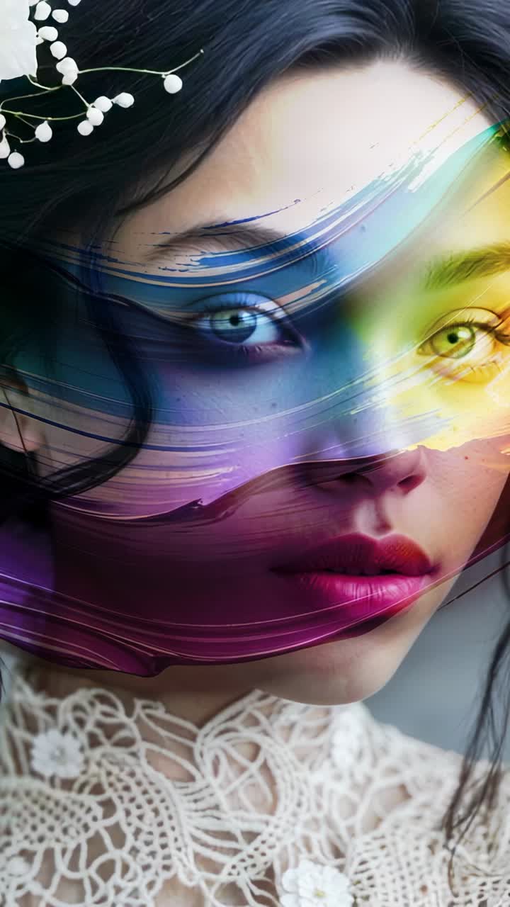 Vertical video: Starting strokes sliding across lace top and face in studio cycling hues