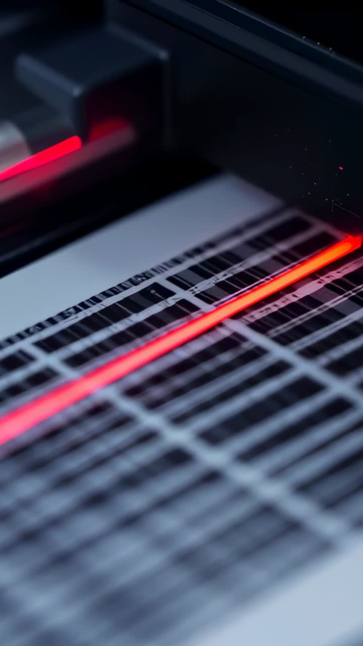 Vertical video: Red laser appearing top-left and scanning sheet in printer, shifting carriage