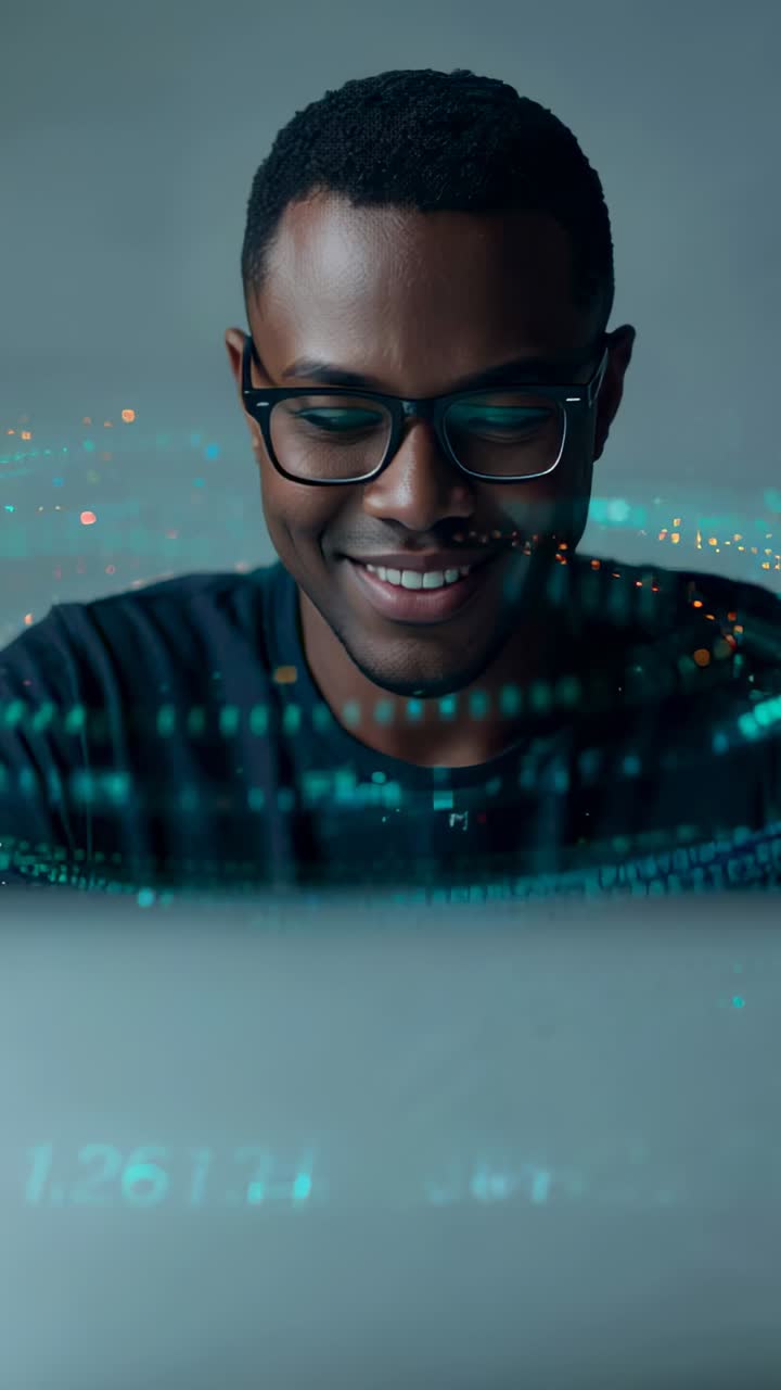 Vertical video: Teal band rising, man watching laptop at desk, checking code in glasses, dark tee