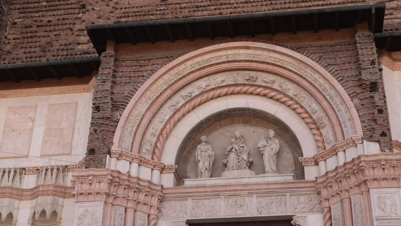 Close-up shot of architectural details on San Petronio Basilica’s exterior facade
