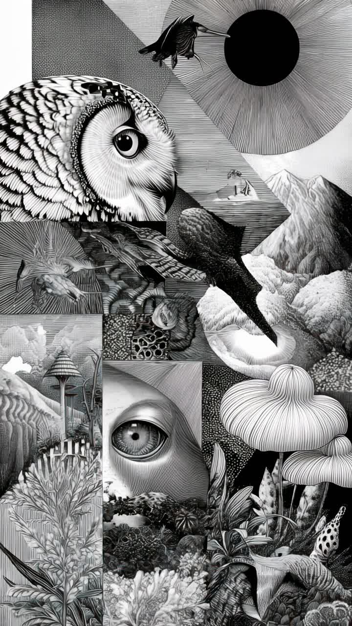 Surreal collage of nature elements in monochrome, viewed from a top angle, video style