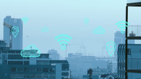 Animation-Von-Cloud--Und-WLAN-Symbolen-Mit-Datenverarbeitung-über-Der-Stadtlandschaft