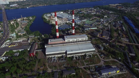 industrial pipe on power plant in city. aerial view industrial district in city