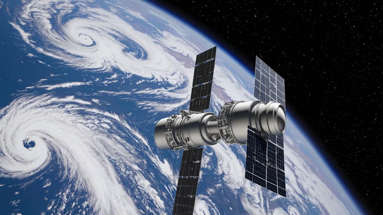 A satellite orbits Earth, capturing a video of swirling clouds