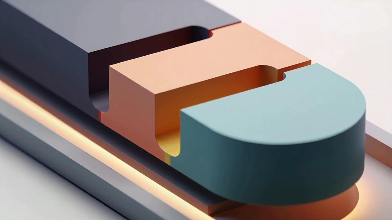 Animation starting, teal part sliding forward on base track, revealing copper gap and amber glow