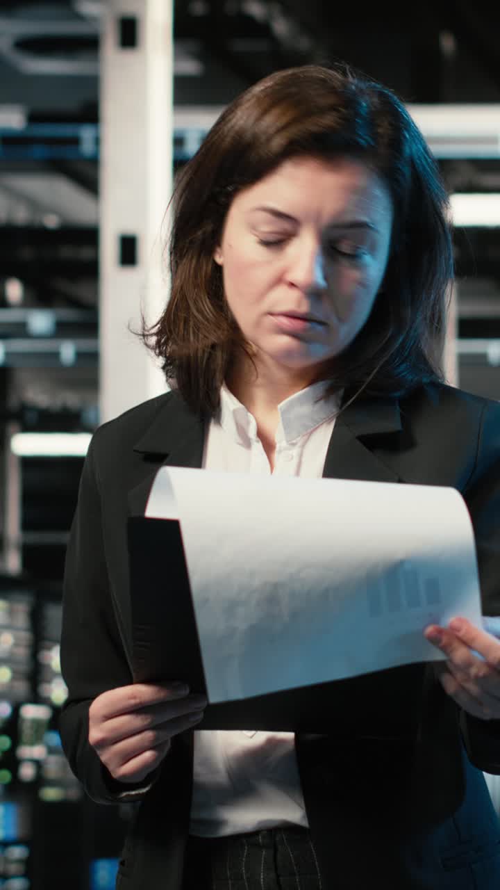 Vídeo vertical Otimizando plataformas de equipamentos, IA e engenheiro sorridente em data center