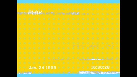 Animation-of-playback-interface-with-lines-of-distortion,-on-yellow-with-repeated-moving-blue-shapes