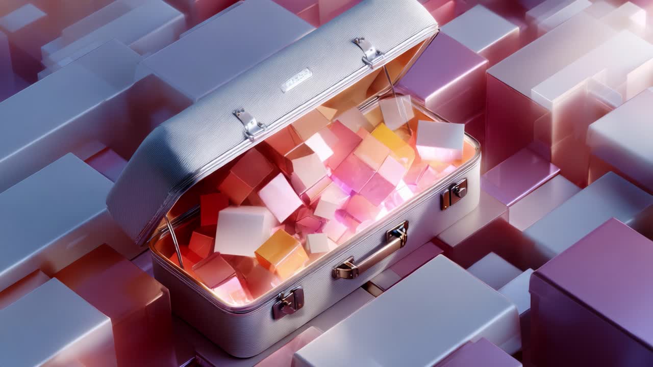 A visually striking scene featuring a stylish suitcase filled with colorful translucent blocks amidst a textured background, showcasing an artistic blend of light and modern design