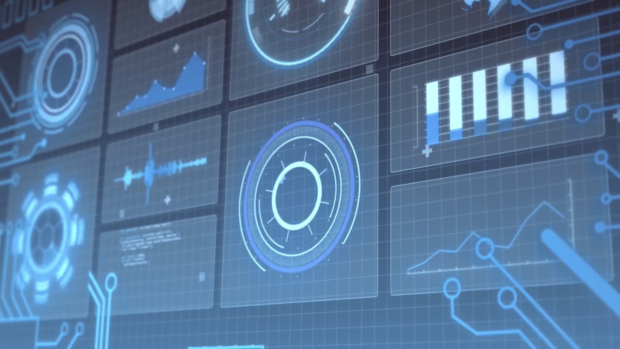 Animation of hud screens with multiple graphs over grid pattern