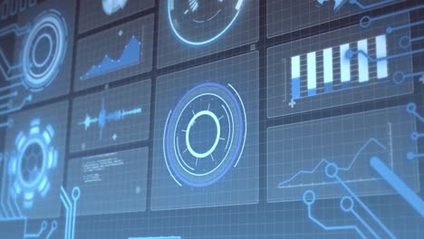 animation of hud screens with multiple graphs over grid pattern