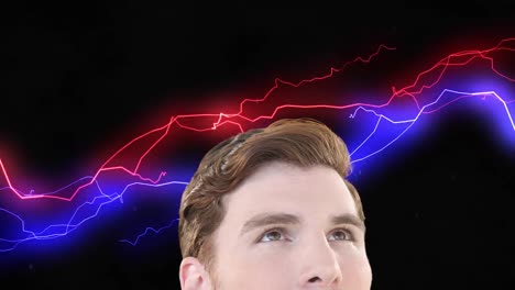 animation of inquisitive man looking around over red and blue electric currents on black background