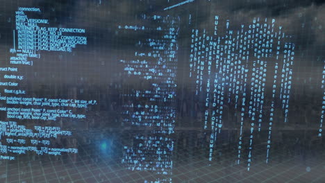 animazione dell'elaborazione dei dati sul paesaggio cittadino su sfondo blu