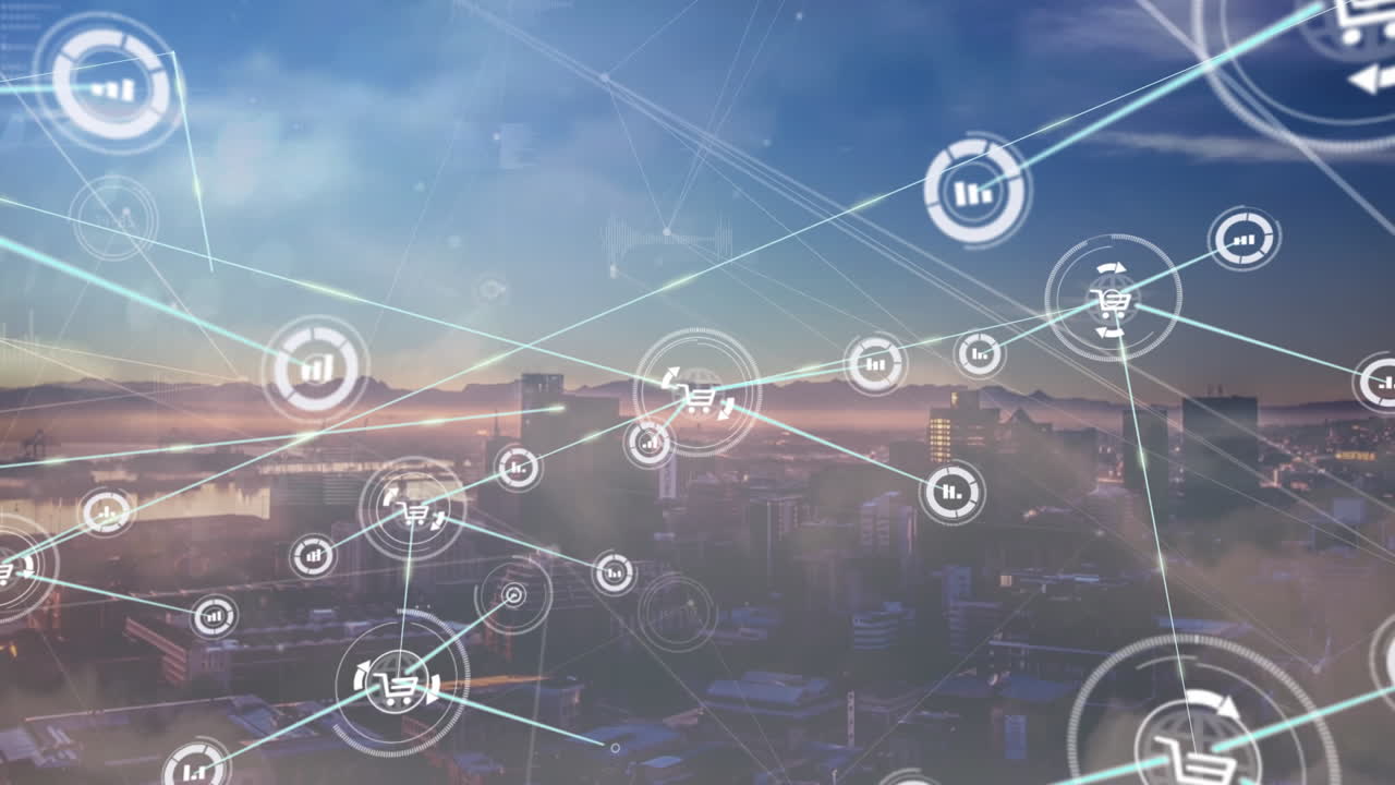 Animazione di icone di grafici e carrelli della spesa collegate da linee su uno skyline urbano e un cielo nuvoloso.