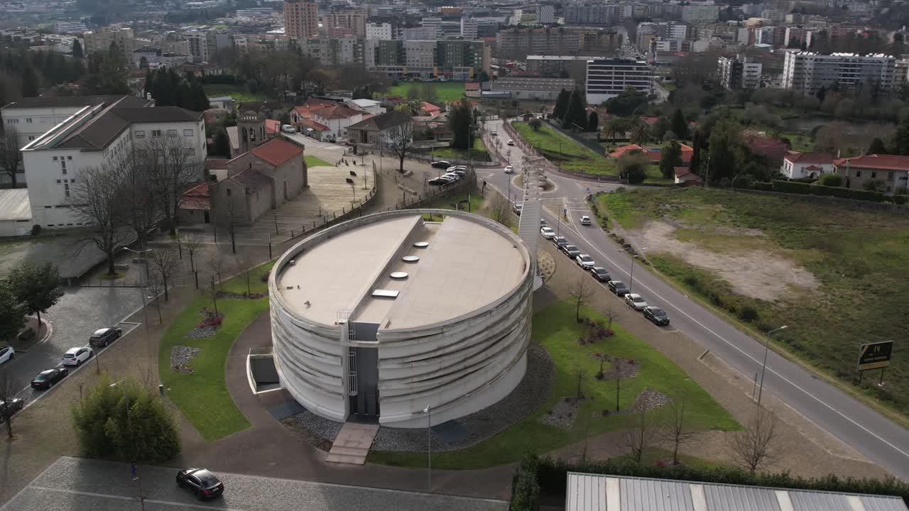 Aerial Igreja Nova de Santiago de Antas modern circular church in Famalicão Portugal